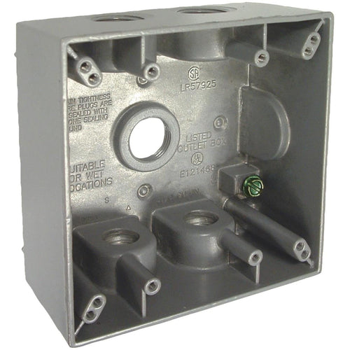 Bell 2-Gang 1/2 In. 5-Outlet Gray Aluminum Weatherproof Outdoor Outlet Box, Carded